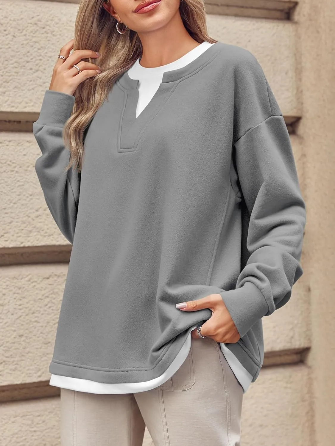 Fisoew Womens Crewneck Oversized Sweatshirts Long Sleeve Contrast Colors 2 in 1 Casual Pullover Tops