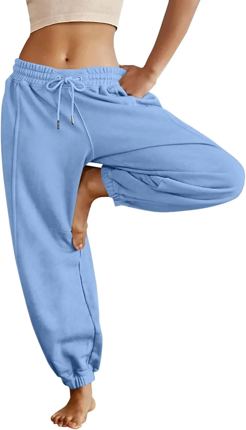 Fleece Lined Joggers Women Drawstring Straight Leg Baggy Sweatpants Warm Thermal Lounge Cotton Joggers with Pockets