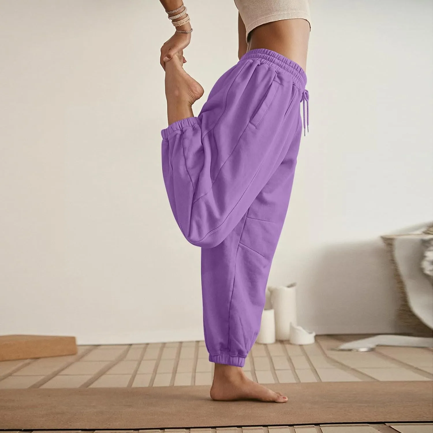 Fleece Lined Joggers Women Drawstring Straight Leg Baggy Sweatpants Warm Thermal Lounge Cotton Joggers with Pockets