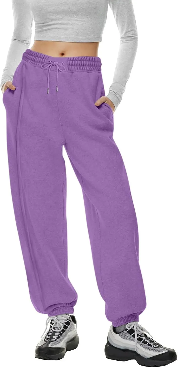 Fleece Lined Joggers Women Drawstring Straight Leg Baggy Sweatpants Warm Thermal Lounge Cotton Joggers with Pockets