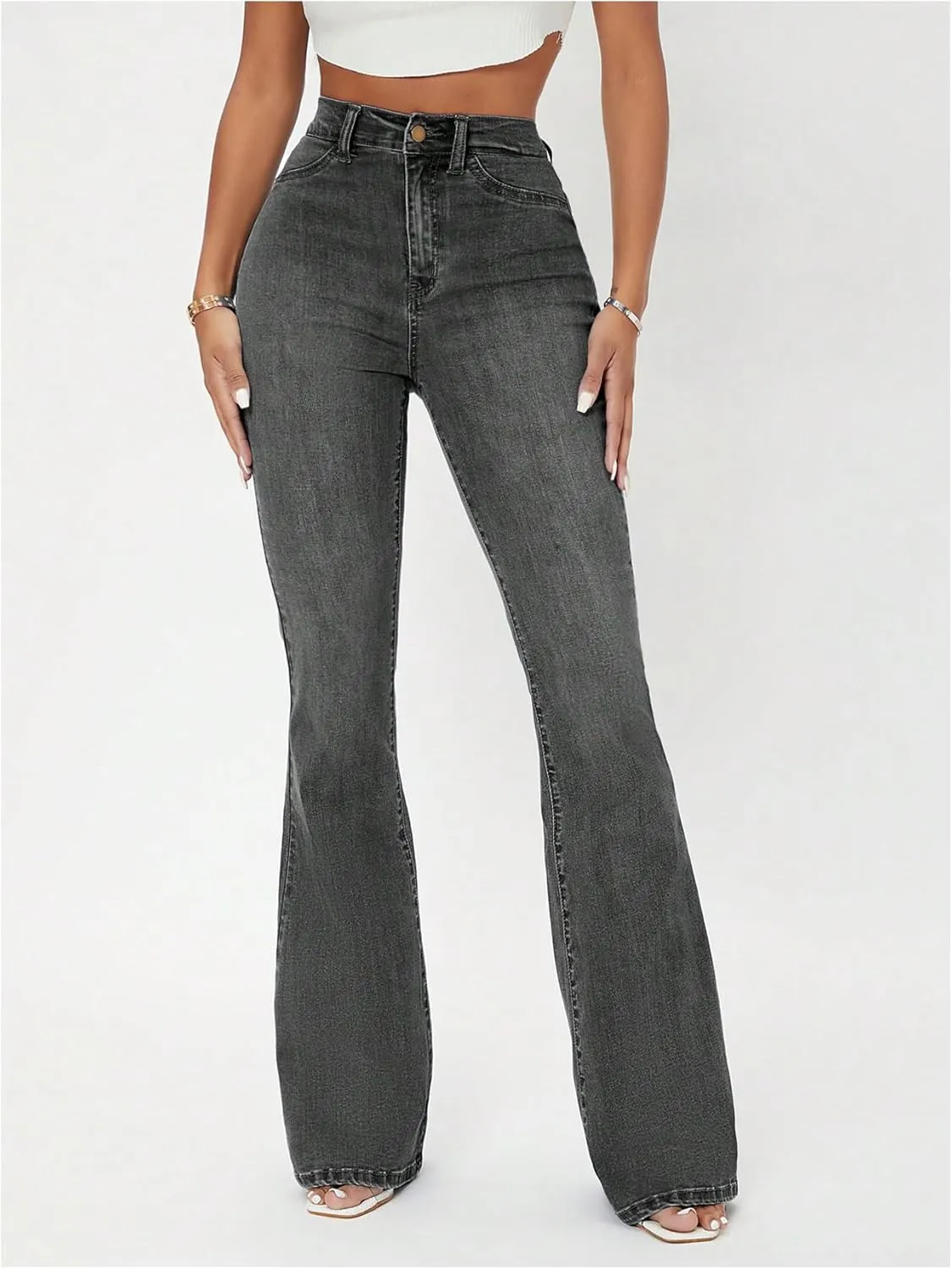 Floerns Women's High Waisted Flare Leg Jeans Zipper Fly Bell Bottom Denim Pants