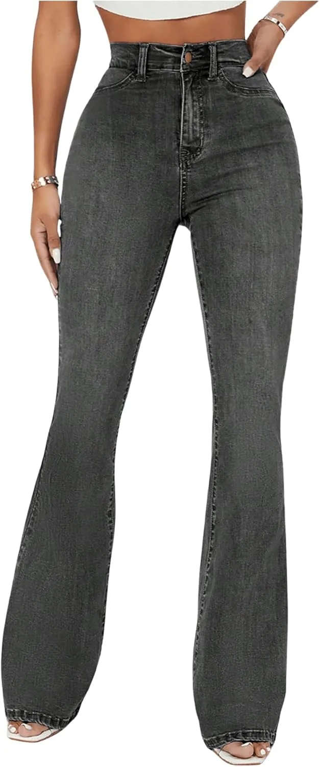 Floerns Women's High Waisted Flare Leg Jeans Zipper Fly Bell Bottom Denim Pants