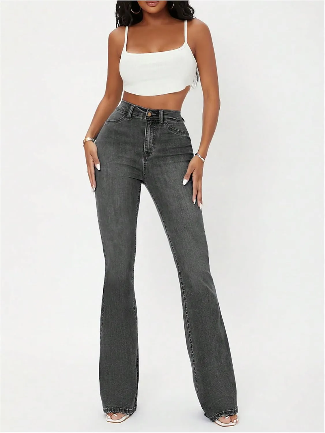 Floerns Women's High Waisted Flare Leg Jeans Zipper Fly Bell Bottom Denim Pants