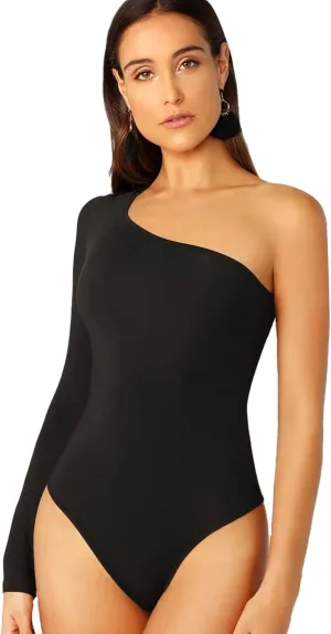 Floerns Women's One Shoulder Long Sleeve Stretch Bodysuit Jumpsuit