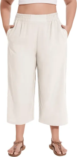 FOREYOND Plus Size Linen Capris Pants High Waisted Wide Leg Pants Loose Fit Yoga Pants with Pockets Travel Beige 1XL