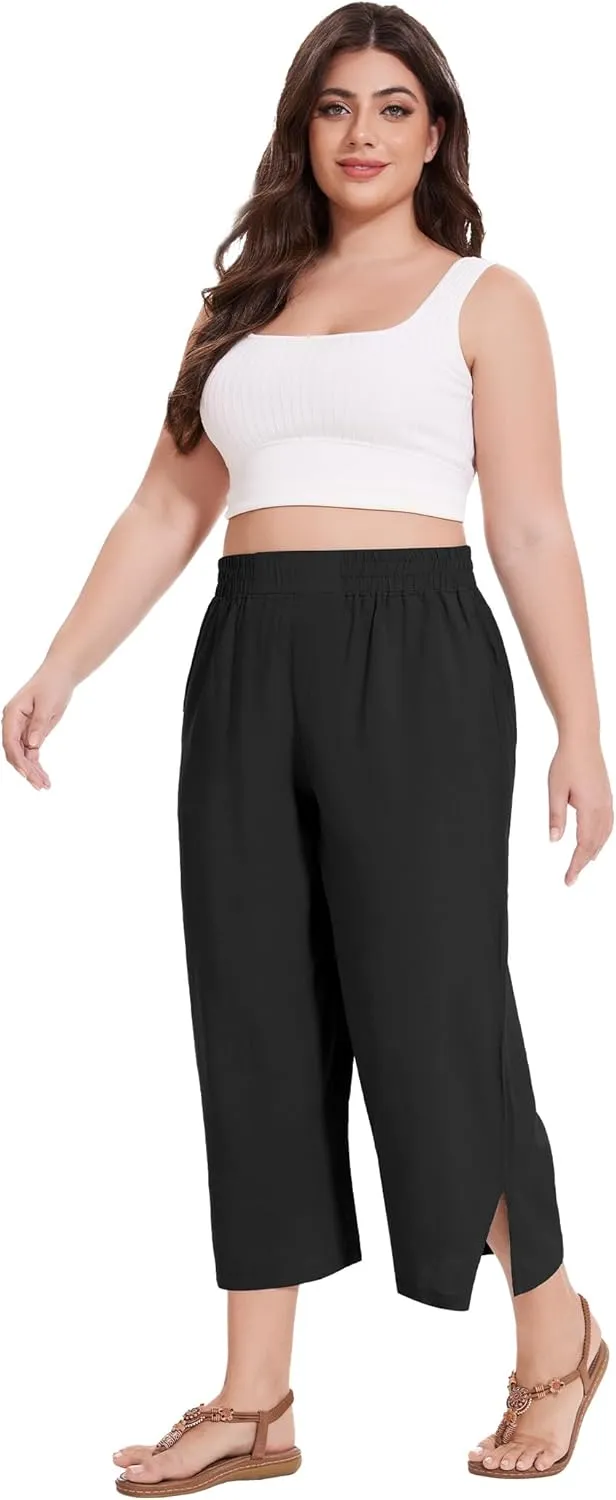 FOREYOND Plus Size Linen Capris Pants Wide Leg Pants Loose Fit Yoga Pants with Pockets Travel Casual 1XL-5XL