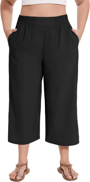 FOREYOND Plus Size Linen Capris Pants Wide Leg Pants Loose Fit Yoga Pants with Pockets Travel Casual 1XL-5XL