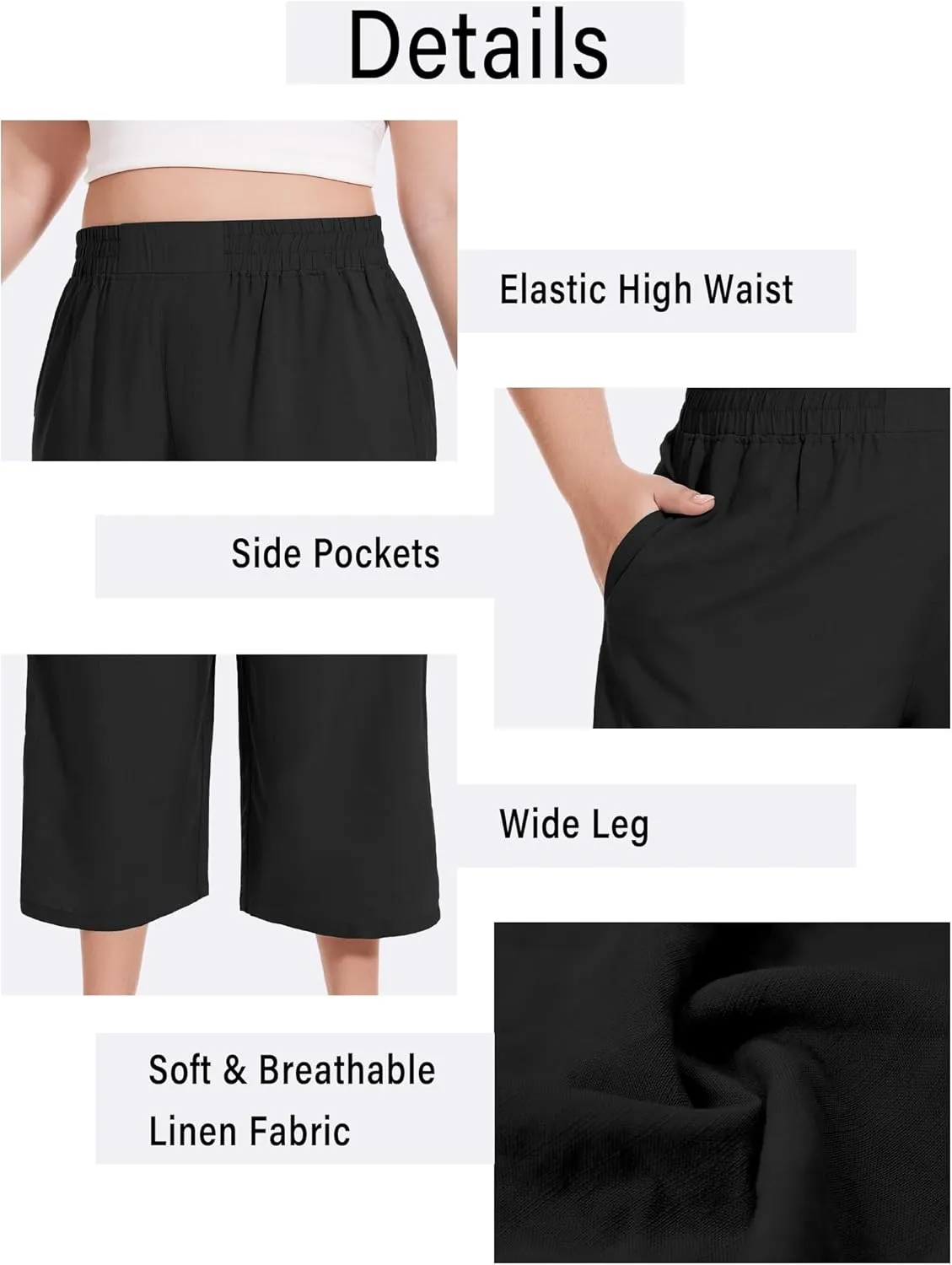 FOREYOND Plus Size Linen Capris Pants Wide Leg Pants Loose Fit Yoga Pants with Pockets Travel Casual 1XL-5XL