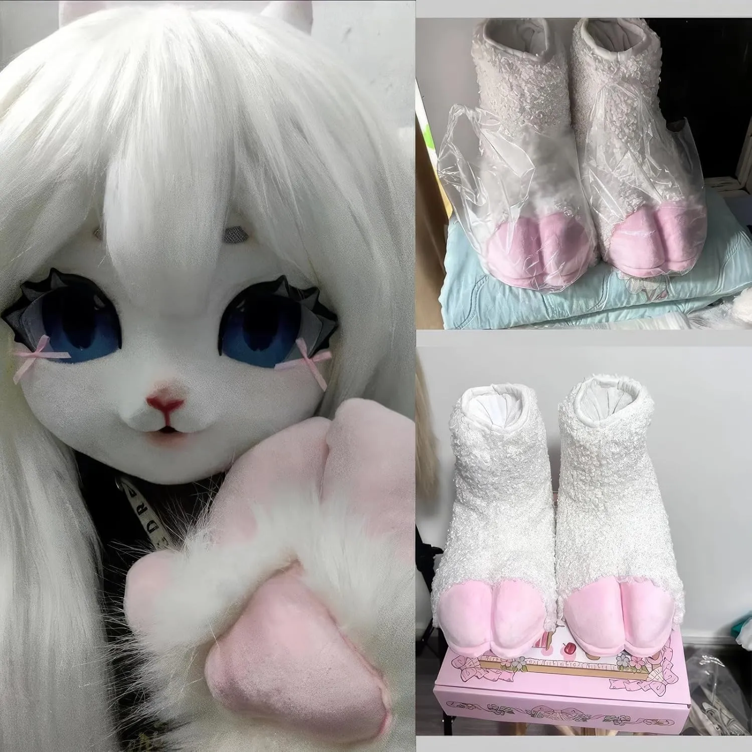 Furry Sheep Hoof Feet, Animal Cat Wolf Dog Fox Fur Clothing Paw Slippers, Fur Clothing Clothing Accessories Paw Slippers(E)