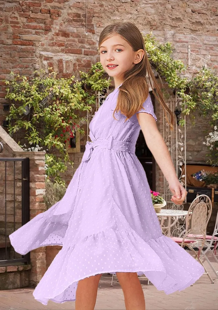 Girls Bohemian Dresses Flying Cap Sleeve V Neck Belt Calf Long Maxi Pleated Flowy Dresses for Girls