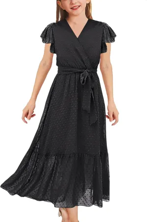 Girls Bohemian Dresses Flying Cap Sleeve V Neck Belt Calf Long Maxi Pleated Flowy Dresses for Girls