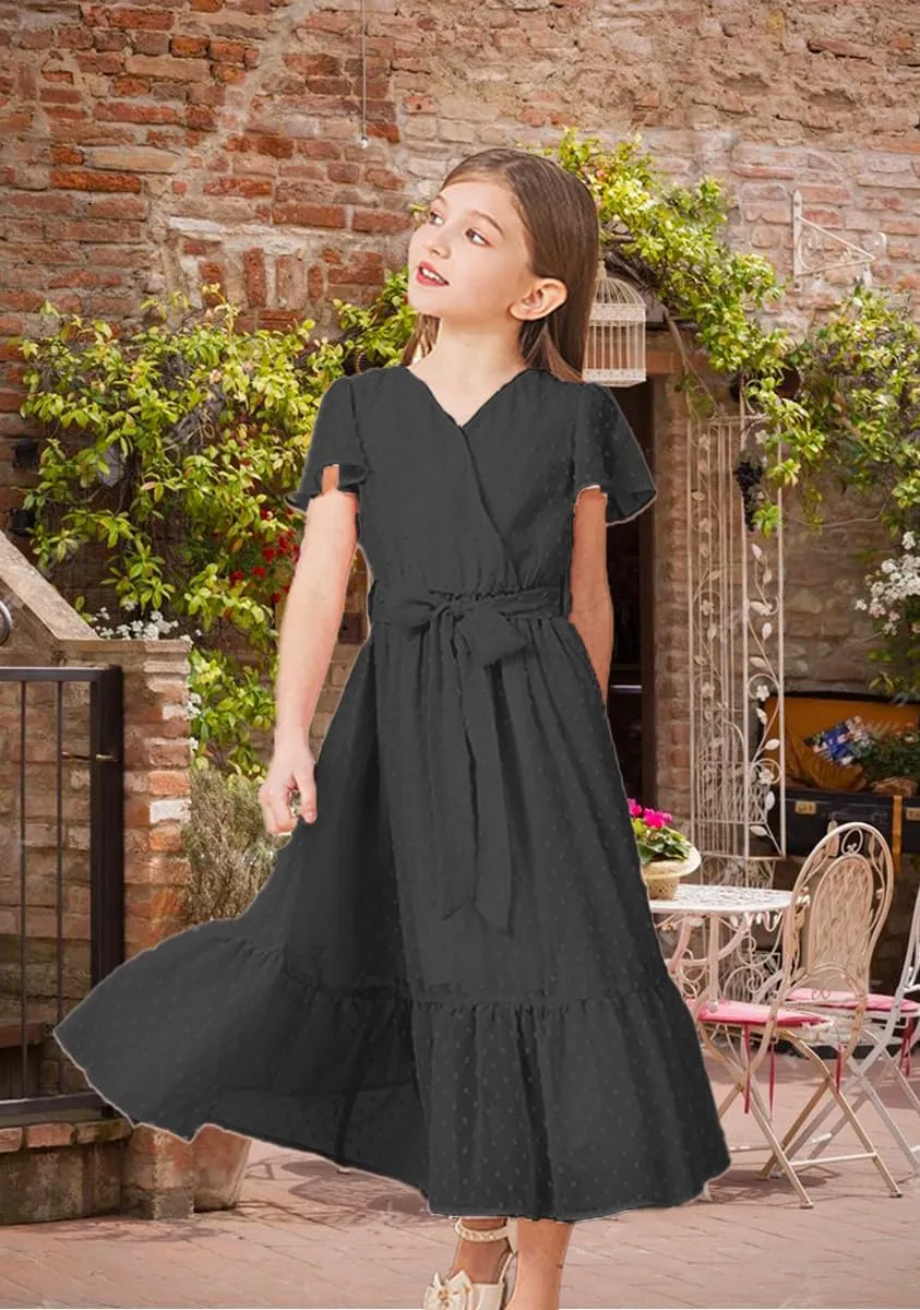 Girls Bohemian Dresses Flying Cap Sleeve V Neck Belt Calf Long Maxi Pleated Flowy Dresses for Girls