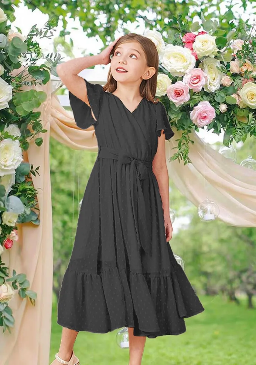 Girls Bohemian Dresses Flying Cap Sleeve V Neck Belt Calf Long Maxi Pleated Flowy Dresses for Girls