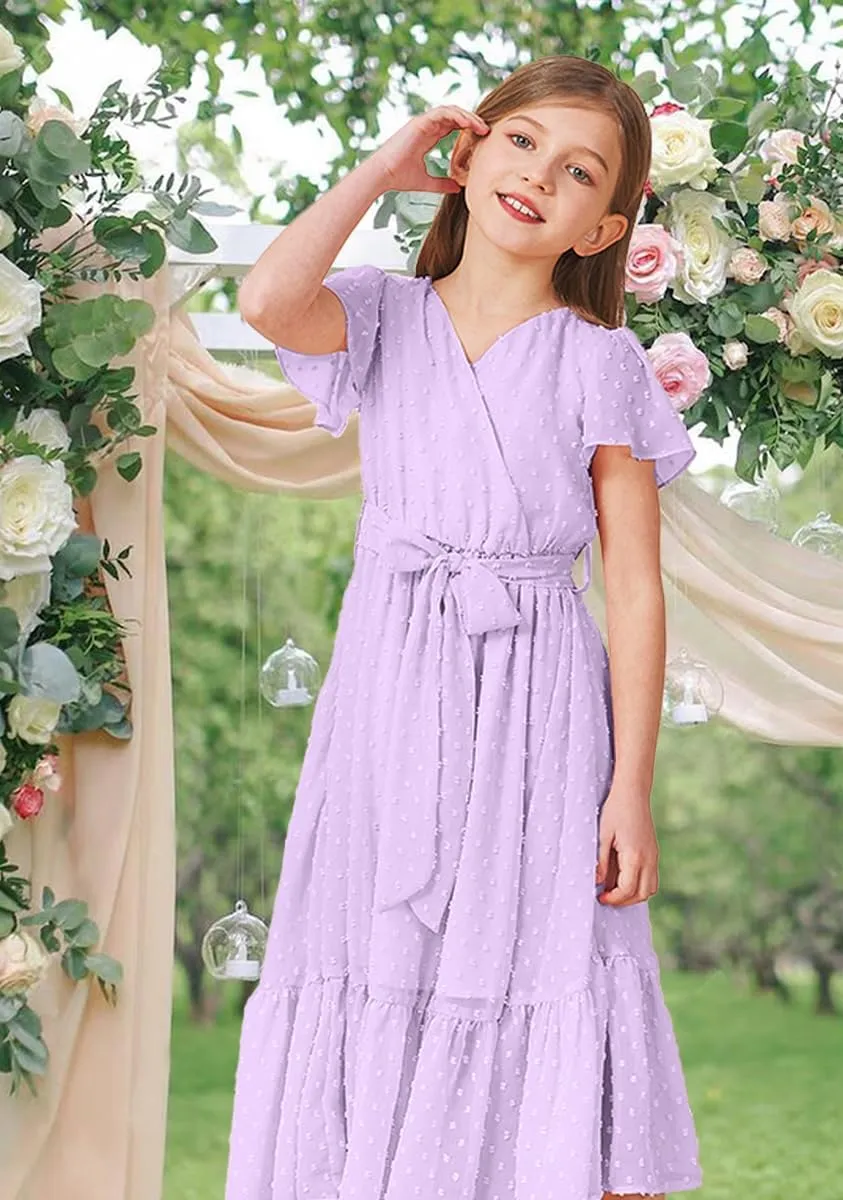 Girls Bohemian Dresses Flying Cap Sleeve V Neck Belt Calf Long Maxi Pleated Flowy Dresses for Girls