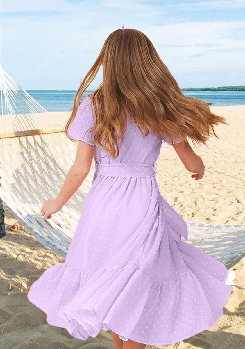 Girls Bohemian Dresses Flying Cap Sleeve V Neck Belt Calf Long Maxi Pleated Flowy Dresses for Girls