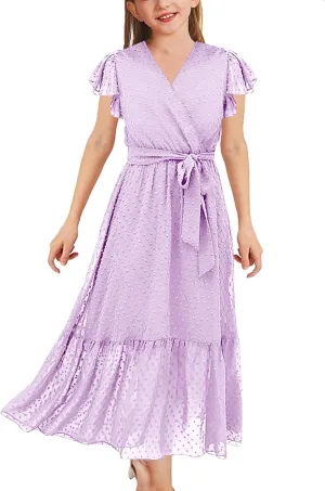 Girls Bohemian Dresses Flying Cap Sleeve V Neck Belt Calf Long Maxi Pleated Flowy Dresses for Girls