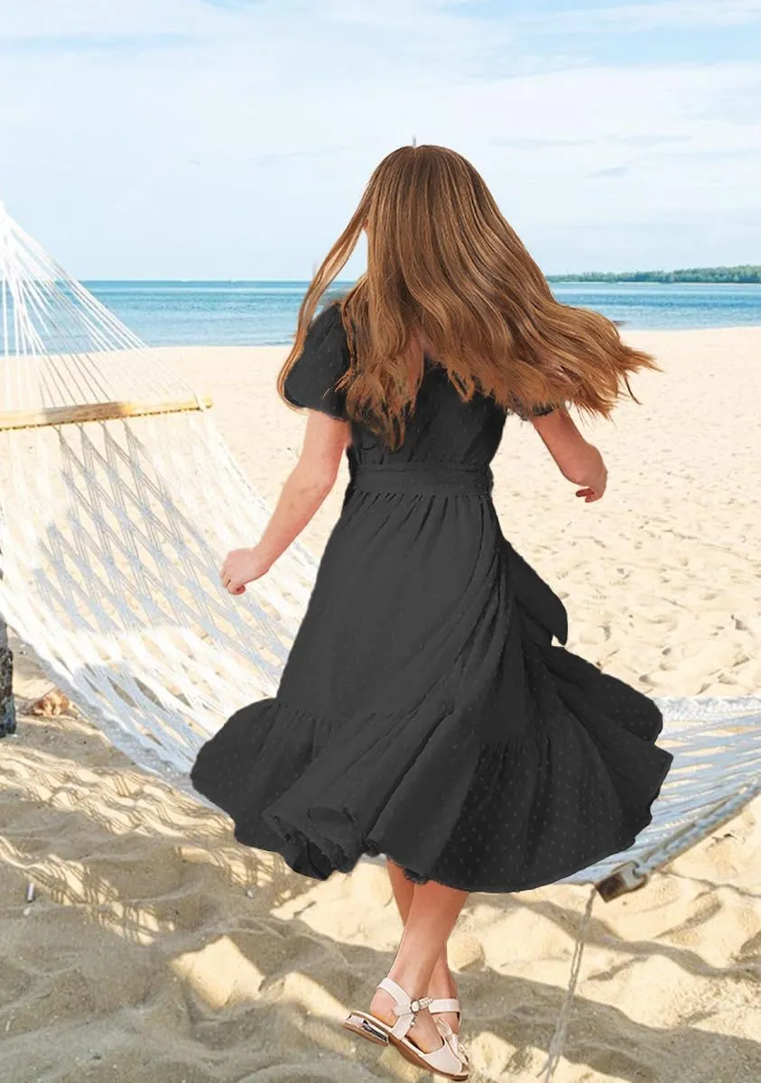 Girls Bohemian Dresses Flying Cap Sleeve V Neck Belt Calf Long Maxi Pleated Flowy Dresses for Girls