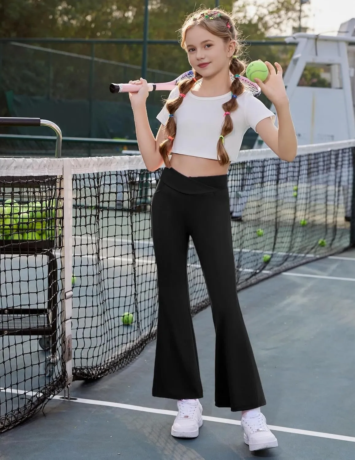 Girls Flare Leggings, High Waisted Kids Flare Yoga Pants with Pockets, Crossover Girls Bell Bottom Leggings, 5-14Y
