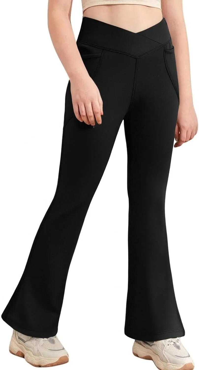 Girls Flare Leggings, High Waisted Kids Flare Yoga Pants with Pockets, Crossover Girls Bell Bottom Leggings, 5-14Y