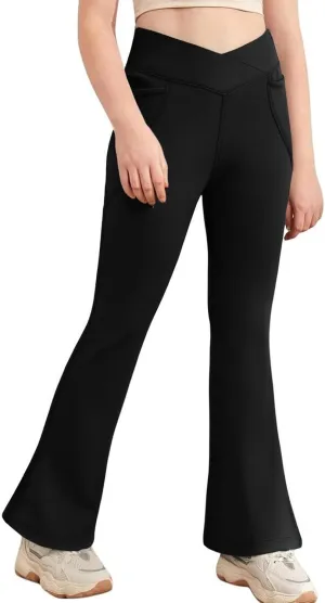 Girls Flare Leggings, High Waisted Kids Flare Yoga Pants with Pockets, Crossover Girls Bell Bottom Leggings, 5-14Y