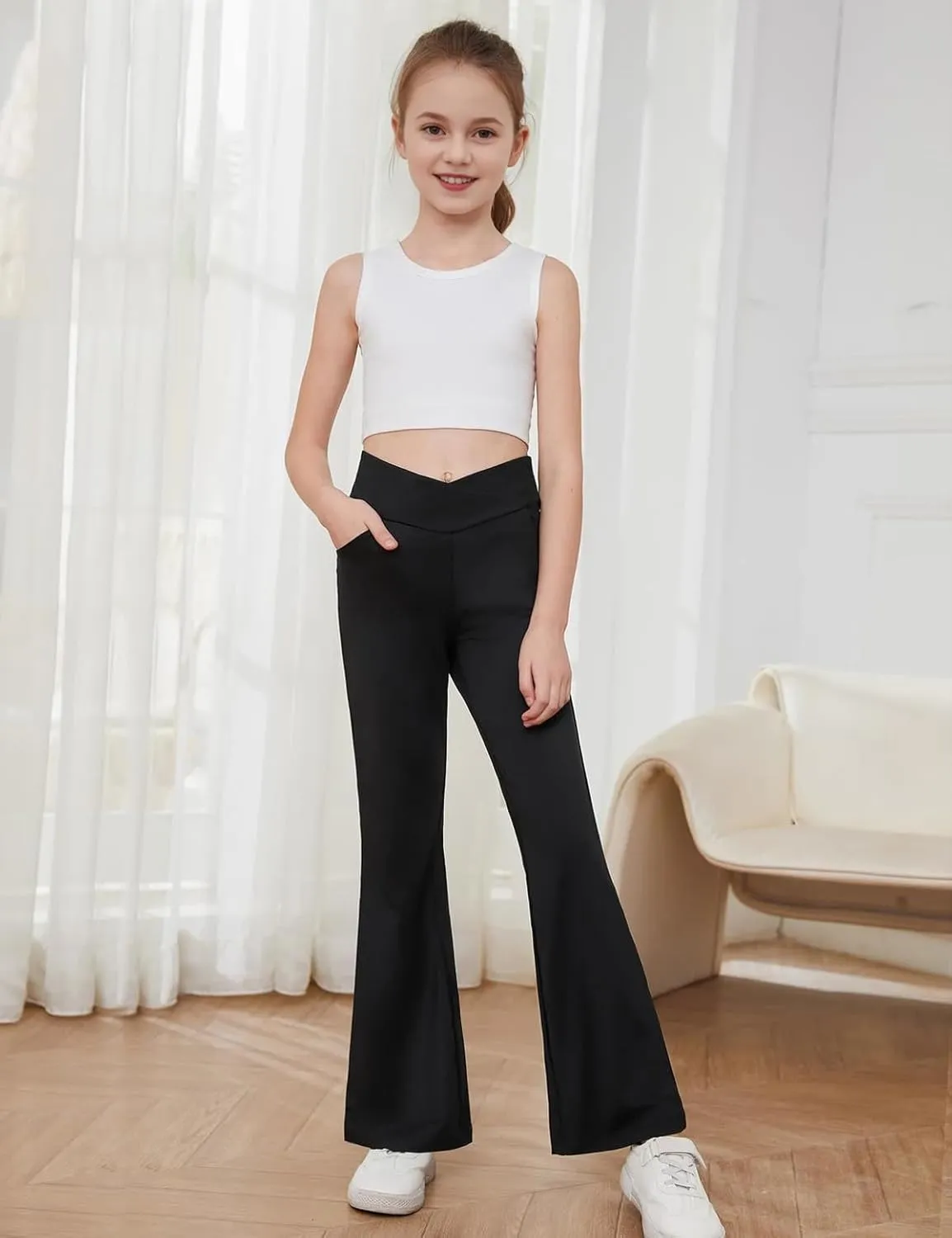Girls Flare Leggings, High Waisted Kids Flare Yoga Pants with Pockets, Crossover Girls Bell Bottom Leggings, 5-14Y