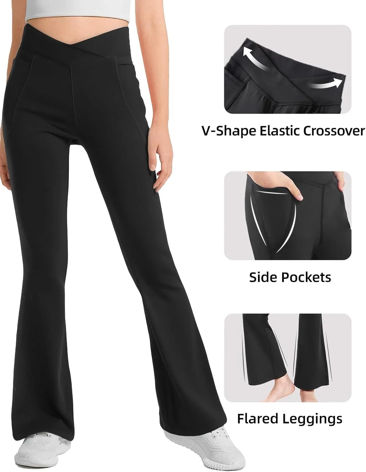 Girls Flare Leggings, High Waisted Kids Flare Yoga Pants with Pockets, Crossover Girls Bell Bottom Leggings, 5-14Y