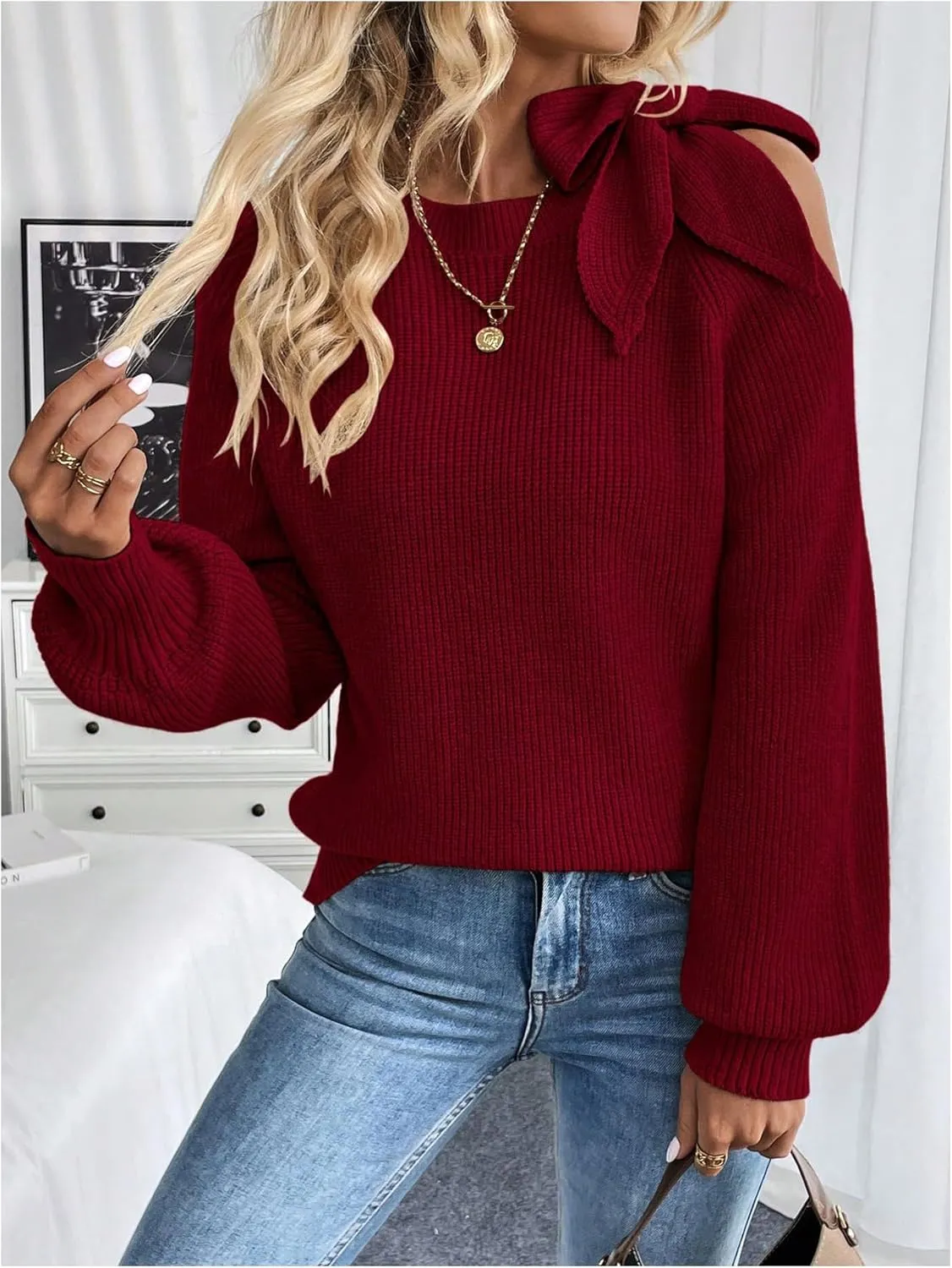 GORGLITTER Women's Bow Sweater Cut Out Tie Shoulder Long Sleeve Knit Pullover Tops Fall Fashion