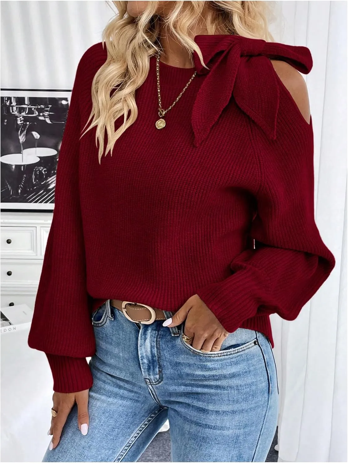 GORGLITTER Women's Bow Sweater Cut Out Tie Shoulder Long Sleeve Knit Pullover Tops Fall Fashion