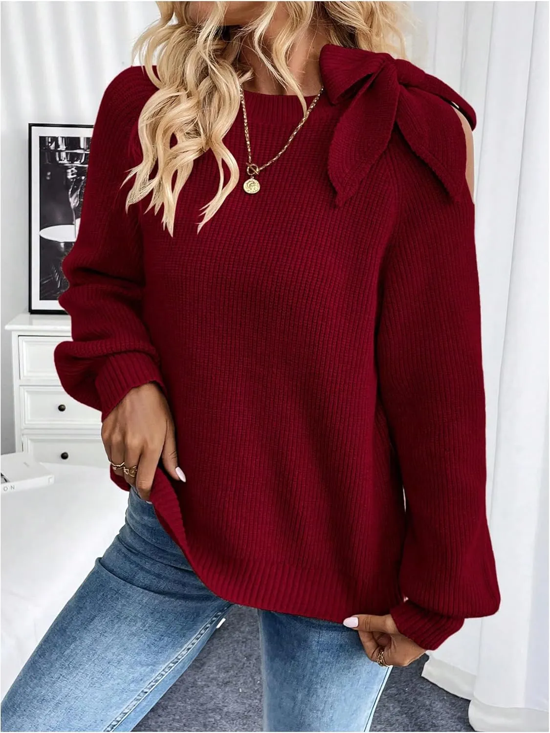 GORGLITTER Women's Bow Sweater Cut Out Tie Shoulder Long Sleeve Knit Pullover Tops Fall Fashion