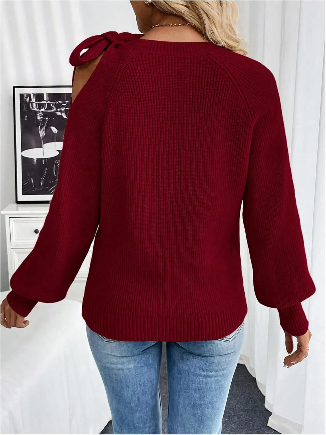 GORGLITTER Women's Bow Sweater Cut Out Tie Shoulder Long Sleeve Knit Pullover Tops Fall Fashion