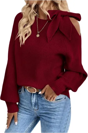 GORGLITTER Women's Bow Sweater Cut Out Tie Shoulder Long Sleeve Knit Pullover Tops Fall Fashion