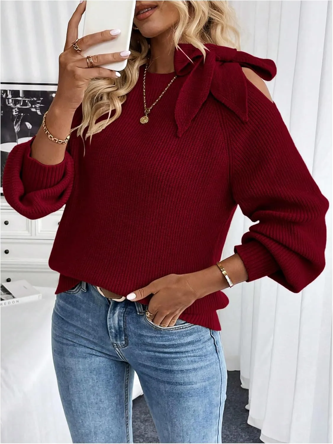 GORGLITTER Women's Bow Sweater Cut Out Tie Shoulder Long Sleeve Knit Pullover Tops Fall Fashion