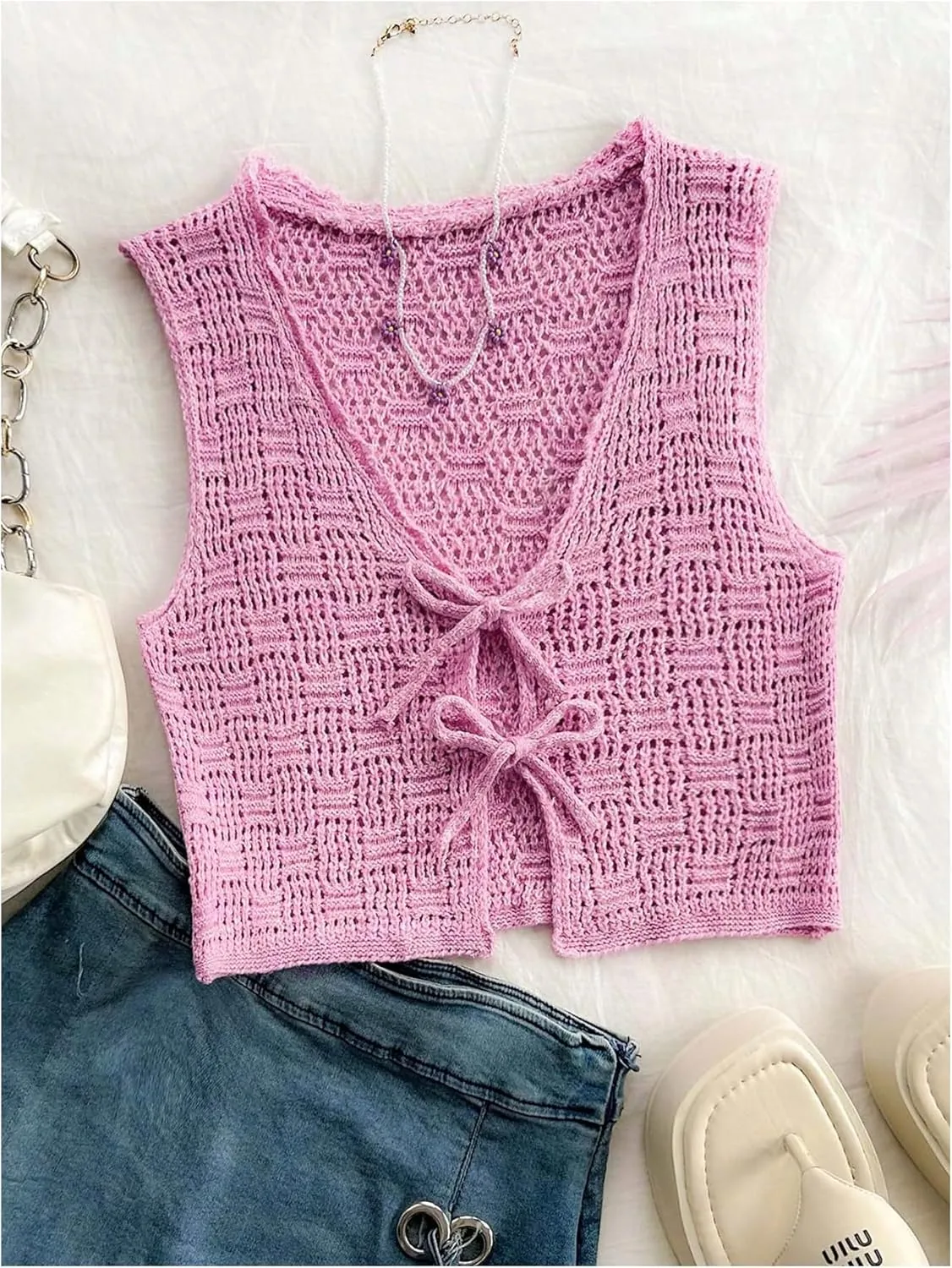GORGLITTER Women's Crochet Tie Front Vest Open Front Cardigans Sleeveless V Neck Sweater Vest