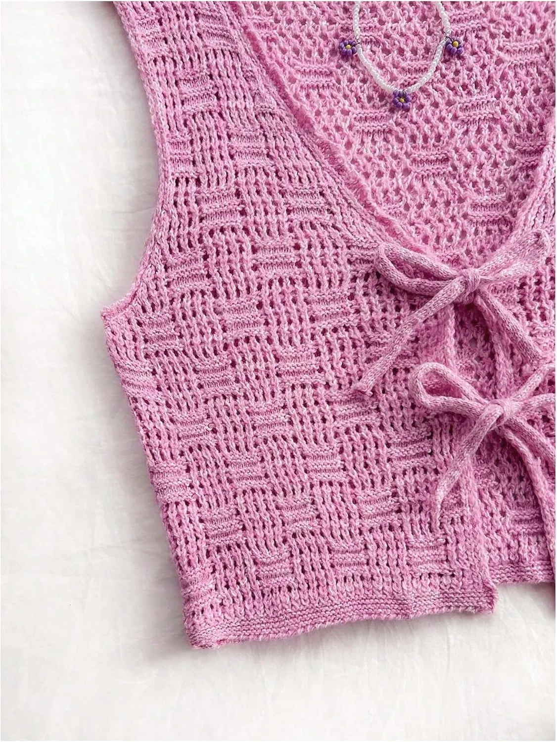 GORGLITTER Women's Crochet Tie Front Vest Open Front Cardigans Sleeveless V Neck Sweater Vest