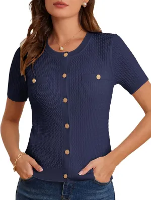 GRACE KARIN 2025 Women's Summer Short Sleeve Cardigan Sweaters Crew Neck Button Down Cropped Sweater Top