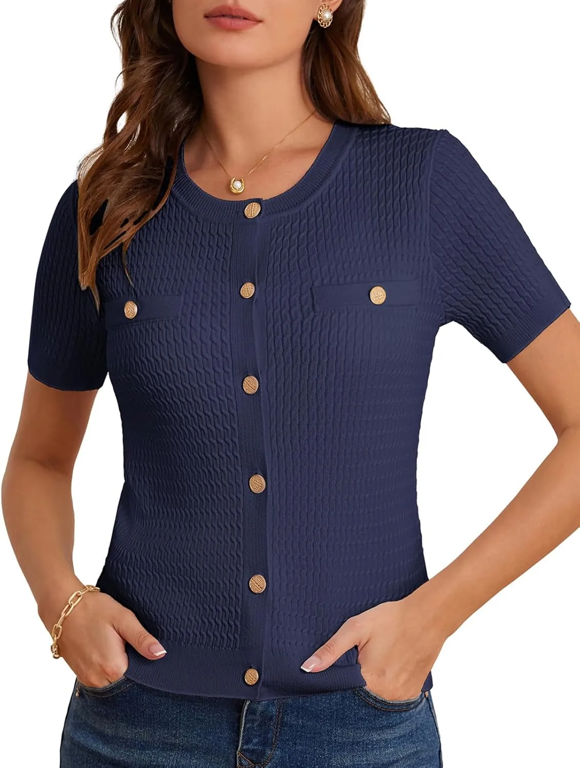 GRACE KARIN 2025 Women's Summer Short Sleeve Cardigan Sweaters Crew Neck Button Down Cropped Sweater Top