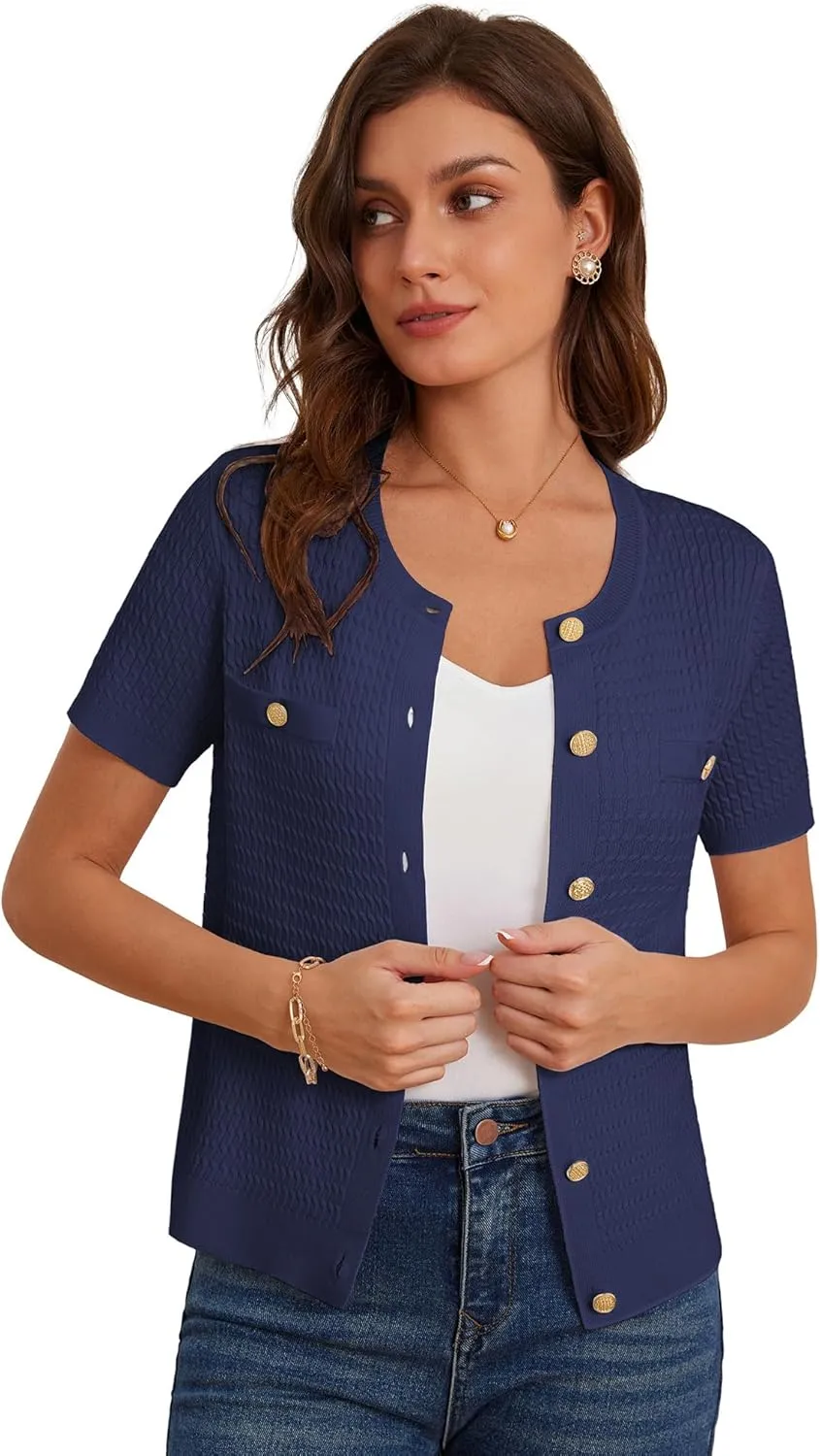 GRACE KARIN 2025 Women's Summer Short Sleeve Cardigan Sweaters Crew Neck Button Down Cropped Sweater Top