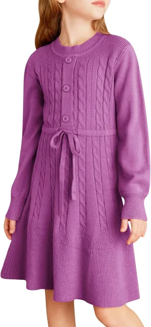 GRACE KARIN Girls Sweater Dress Fall Winter Long Sleeve Kids Fashion Drawstring Waist Cable Knit Dresses Size 5-12