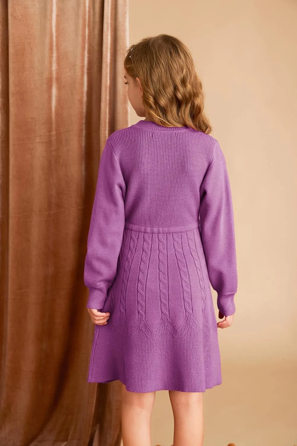 GRACE KARIN Girls Sweater Dress Fall Winter Long Sleeve Kids Fashion Drawstring Waist Cable Knit Dresses Size 5-12