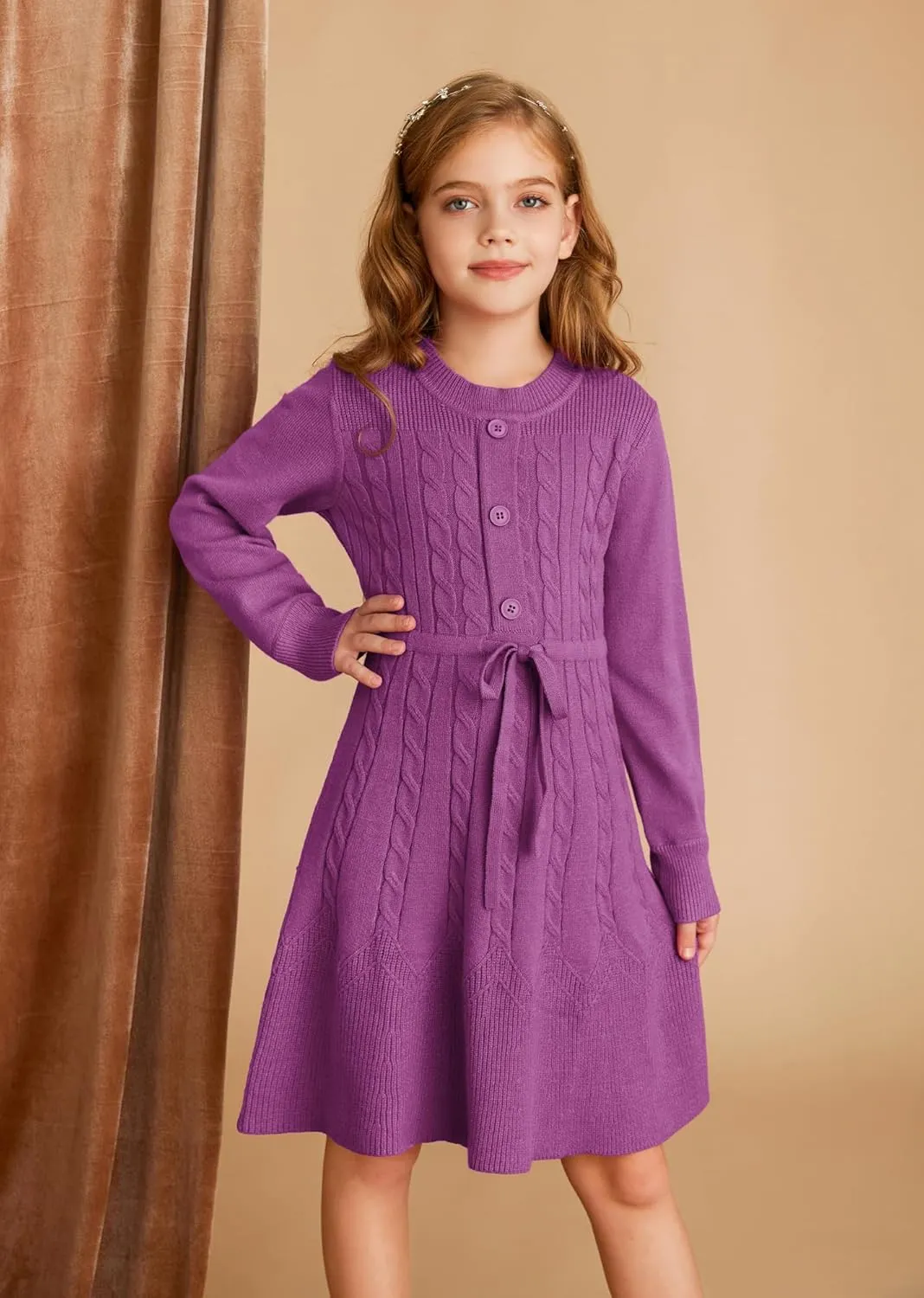 GRACE KARIN Girls Sweater Dress Fall Winter Long Sleeve Kids Fashion Drawstring Waist Cable Knit Dresses Size 5-12