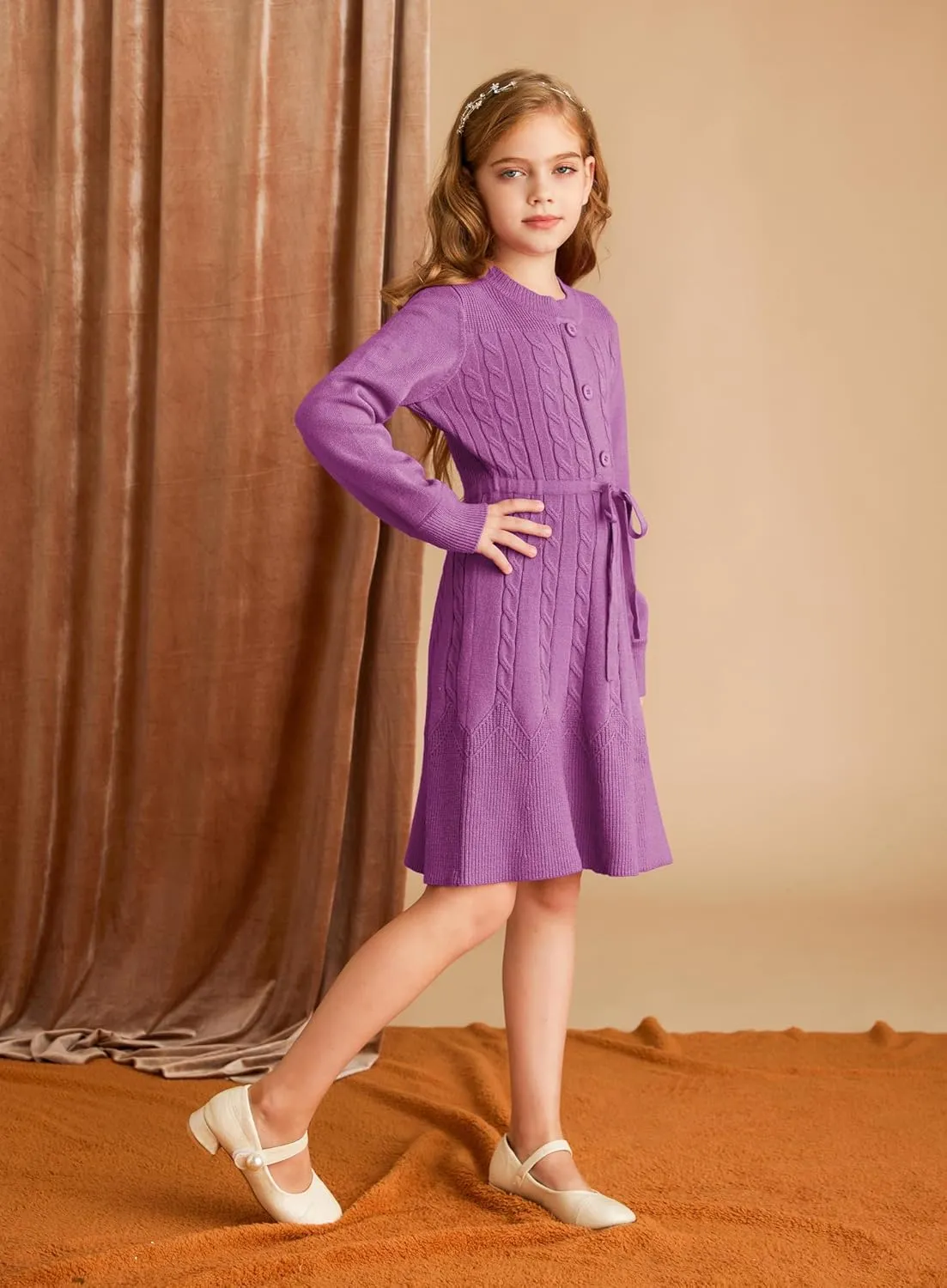 GRACE KARIN Girls Sweater Dress Fall Winter Long Sleeve Kids Fashion Drawstring Waist Cable Knit Dresses Size 5-12