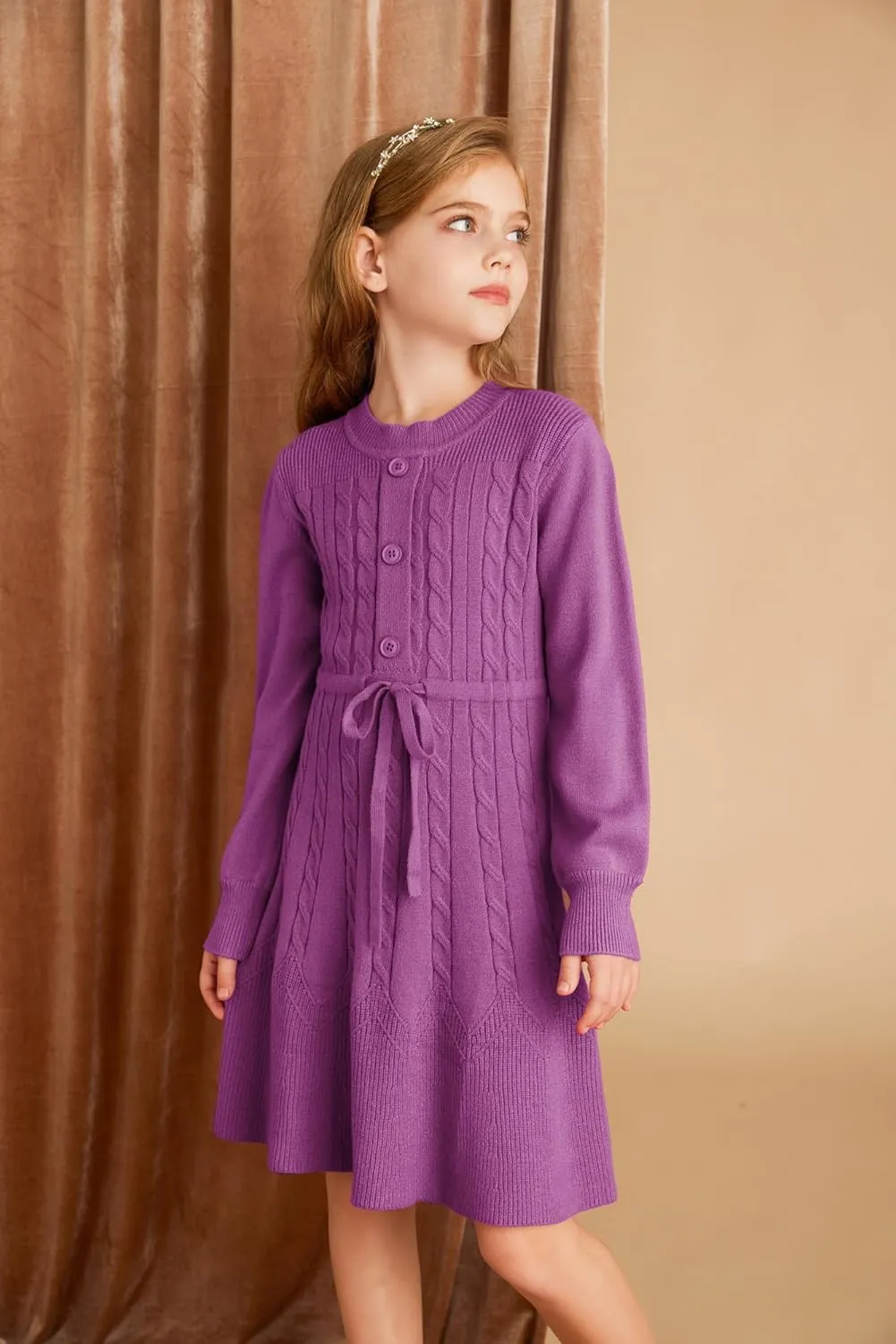 GRACE KARIN Girls Sweater Dress Fall Winter Long Sleeve Kids Fashion Drawstring Waist Cable Knit Dresses Size 5-12