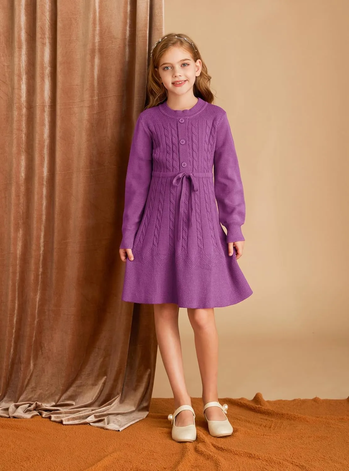 GRACE KARIN Girls Sweater Dress Fall Winter Long Sleeve Kids Fashion Drawstring Waist Cable Knit Dresses Size 5-12