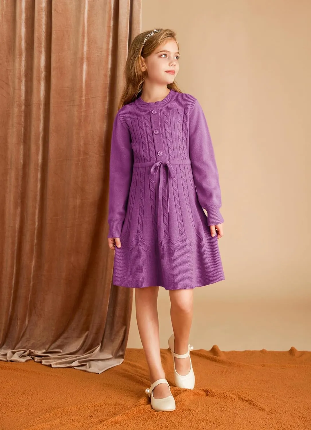 GRACE KARIN Girls Sweater Dress Fall Winter Long Sleeve Kids Fashion Drawstring Waist Cable Knit Dresses Size 5-12