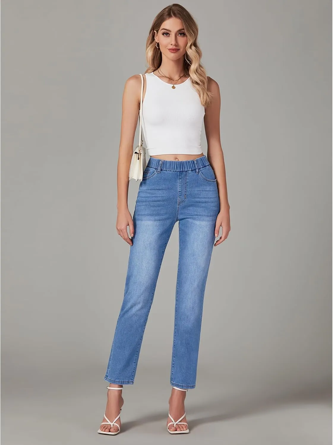 GRAPENT Straight Leg Jeans for Women Trendy Pull On High Waisted Cropped Elastic Waist Stretchy Denim Pants Ankle Jeans