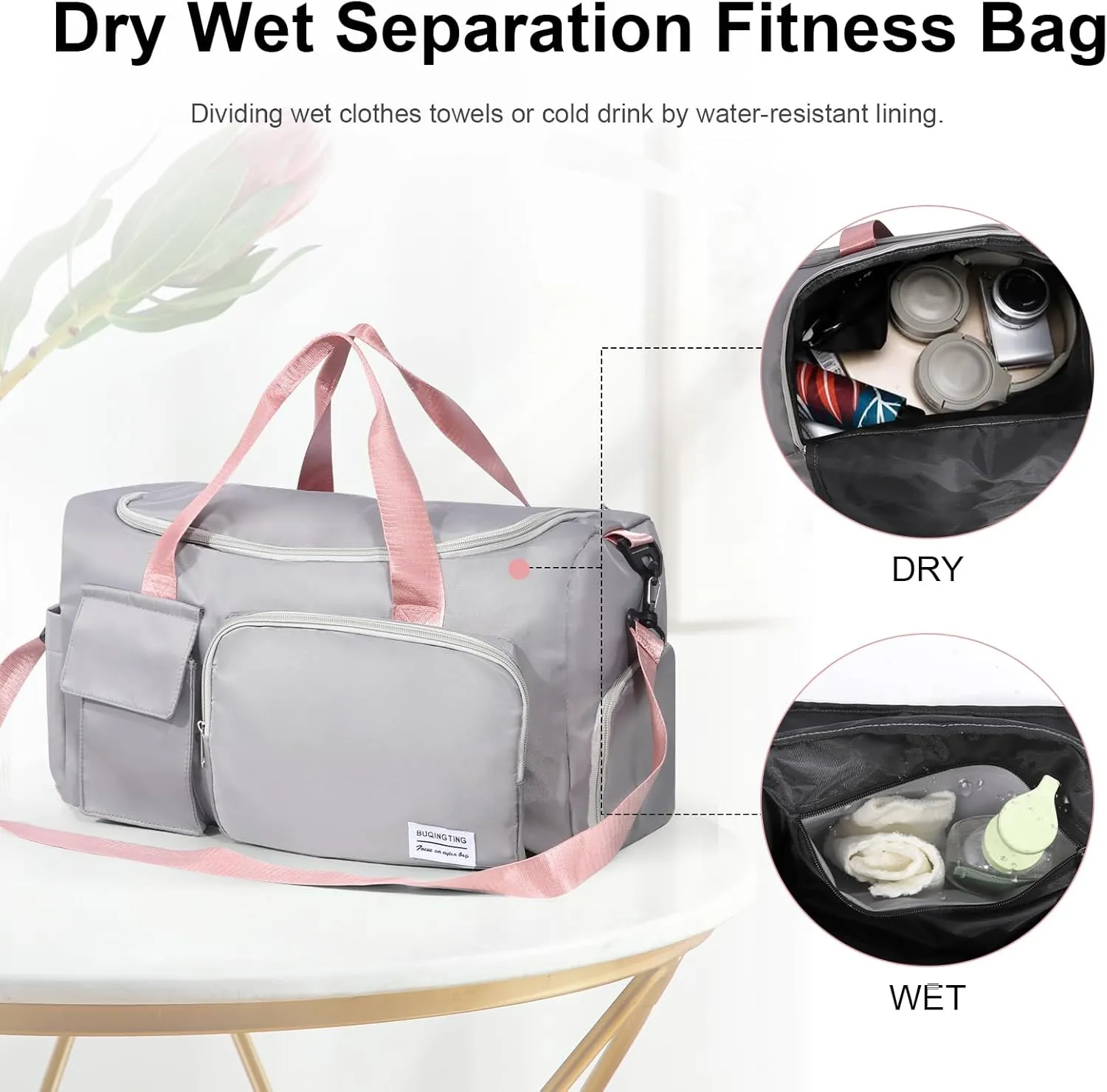 Gym Bag for Women, Duffle Bag with Wet Pocket & Shoes Compartment, Waterproof Carry On Sport Bag, Tote for Workout, Travel, Weekender, Grey with Pink Handles, Casual