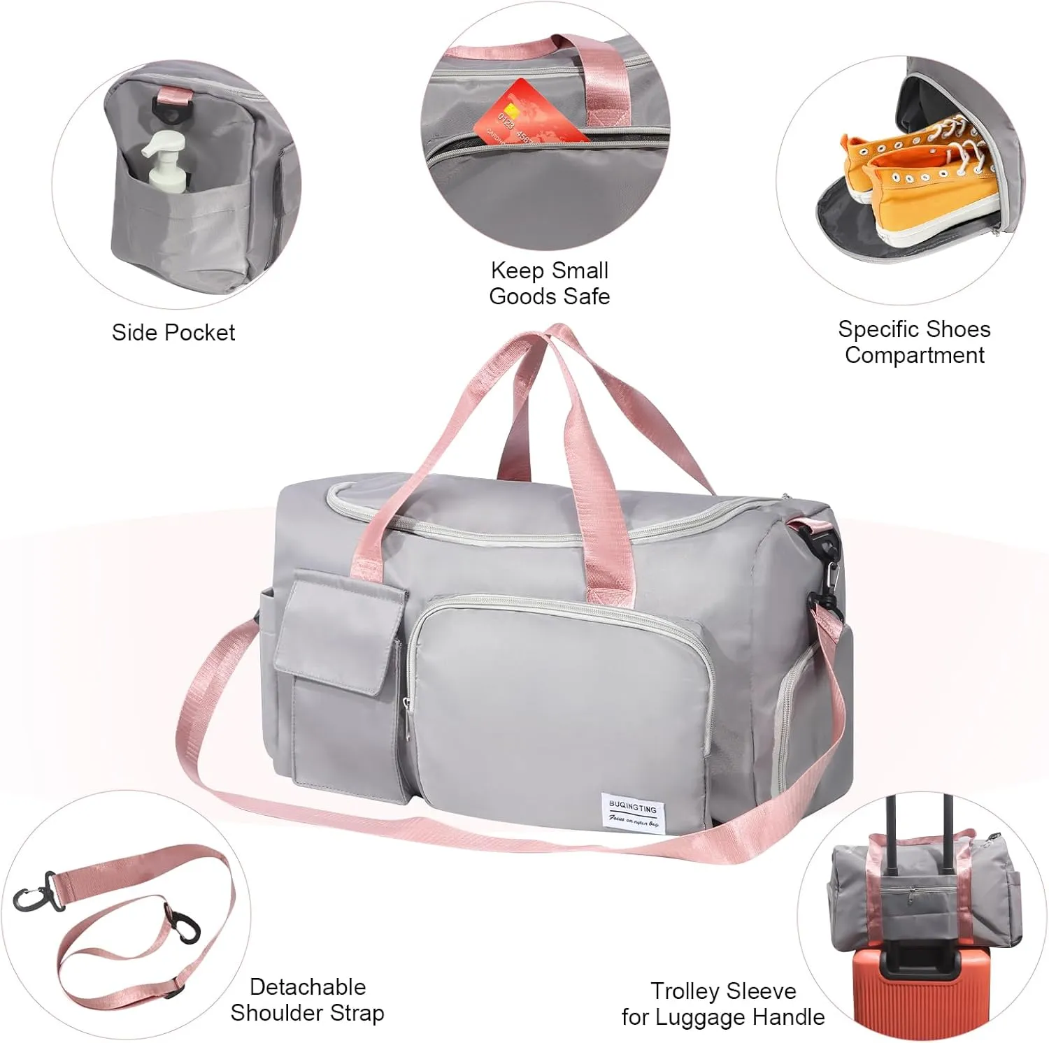 Gym Bag for Women, Duffle Bag with Wet Pocket & Shoes Compartment, Waterproof Carry On Sport Bag, Tote for Workout, Travel, Weekender, Grey with Pink Handles, Casual