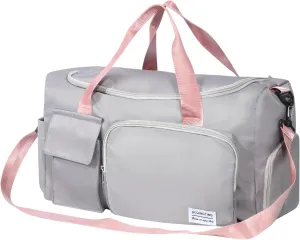 Gym Bag for Women, Duffle Bag with Wet Pocket & Shoes Compartment, Waterproof Carry On Sport Bag, Tote for Workout, Travel, Weekender, Grey with Pink Handles, Casual