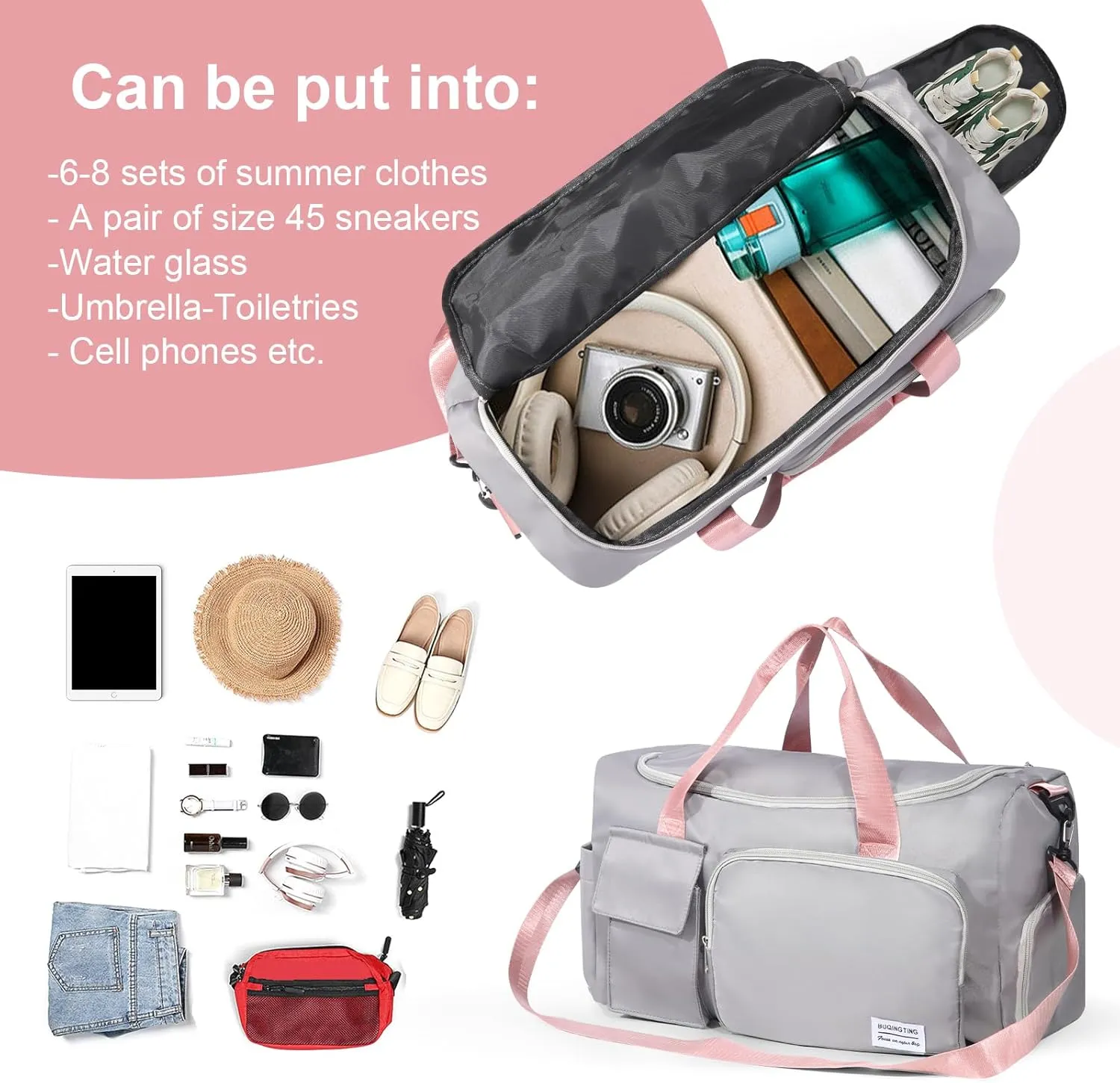 Gym Bag for Women, Duffle Bag with Wet Pocket & Shoes Compartment, Waterproof Carry On Sport Bag, Tote for Workout, Travel, Weekender, Grey with Pink Handles, Casual