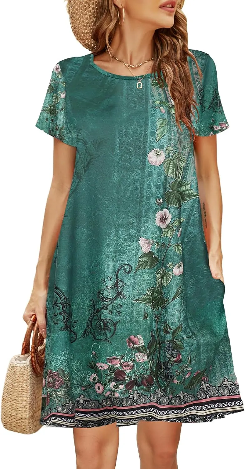 Halife Womens Summer Casual Tshirt Dress Loose Lace Hem Short Sleeve Beach Sundresses with Pockets
